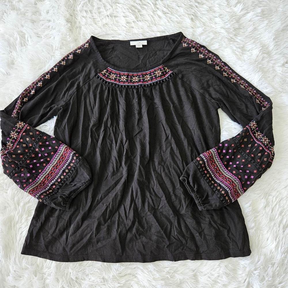 J.Jill Women's Black Embroidered Balloon Sleeve‎ Blouse. Size PS